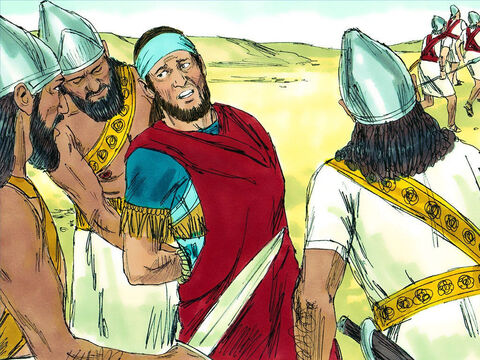 Mas os babilônios os perseguiram e os alcançaram no vale do Jordão. O rei Zedequias foi capturado perto de Jericó. E seus homens o abandonaram e fugiram. – Slide número 9