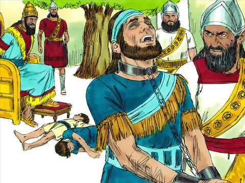 Os cruéis babilônios fizeram Zedequias assistir enquanto eles matavam seus filhos. Então eles arrancaram os olhos de Zedequias e o levaram para a Babilônia acorrentado como prisioneiro. – Slide número 10
