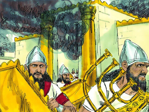 Os babilônios entraram na cidade. Eles invadiram o Templo e levaram todos os utensílios feitos de ouro, prata e bronze. Eles saquearam as casas. Em seguida, incendiaram o Templo, o palácio e outras belas construções. – Slide número 11