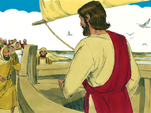 Uma grande multidão, muitos deles peregrinos a caminho da festa da Páscoa em Jerusalém, observou o barco e o seguiu a pé ao longo da costa para encontrar Jesus. – Slide número 2