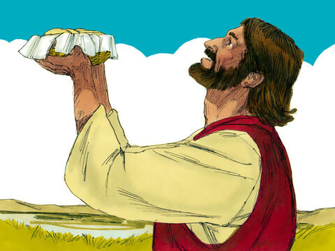 Jesus pegou os cinco pães e os dois peixes, olhou para o céu e deu graças. Então, Ele partiu os pedaços para que Seus discípulos os levassem à multidão. – Slide número 9