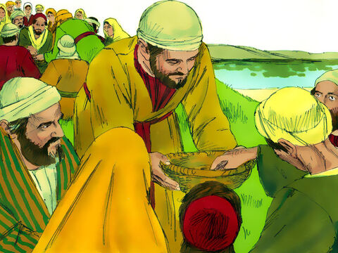 Os discípulos distribuíram os pães e os peixes e todos comeram até não terem mais fome. – Slide número 10