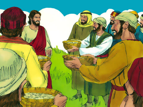 Os discípulos recolheram doze cestos cheios dos pedaços que sobraram. – Slide número 11