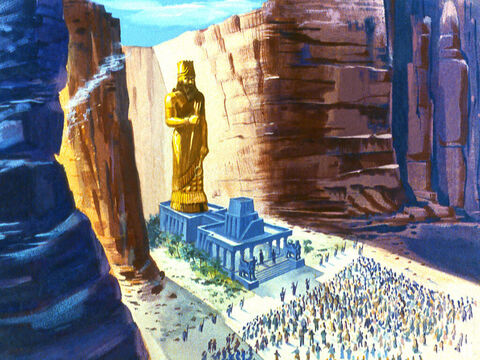 A estátua possuía 30 metros de altura e era feita de ouro. Havia sido feita para ser adorada como o deus deles. Ao som dos instrumentos musicais todos deveriam se curvar e adorar a imagem dourada. – Slide número 9