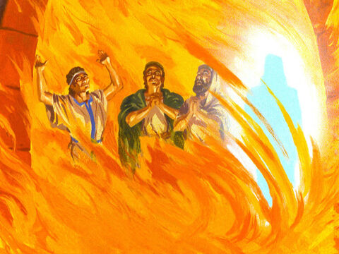 – Eu vejo quatro! E eles estão soltos andando pelo fogo. O quarto homem é semelhante ao Filho de Deus! – Slide número 40