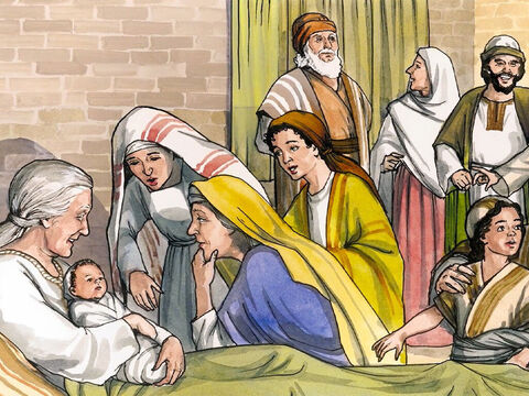 E chegou a hora de Isabel ter seu filho, e ela deu à luz. E os seus vizinhos e parentes ouviram que Deus tinha mostrado grande misericórdia para com ela, e alegraram-se com ela. – Slide número 1