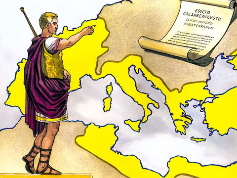 Naqueles dias, saiu um decreto de César Augusto para registrar todo o império para os impostos. Este foi o primeiro registro, feito quando Quirino era governador da Síria. – Slide número 1