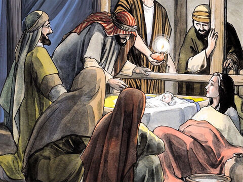 Então eles saíram apressados e acharam Maria e José, e encontraram o bebê deitado em uma manjedoura. Quando eles O viram, relataram o que lhes haviam contado sobre esta criança... – Slide número 10