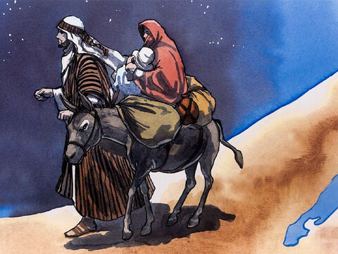 Então José se levantou, tomou o menino e Sua mãe, de noite, e foi para o Egito. Ele permaneceu lá até à morte de Herodes. Desta forma, o que foi falado pelo Senhor através do profeta cumpriu-se: “Do Egito chamei o meu Filho”. – Slide número 2