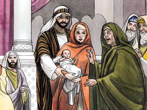 Naquele momento, ela se aproximou deles e começou a dar graças a Deus e a falar sobre a criança a todos que esperavam a redenção de Jerusalém. – Slide número 11