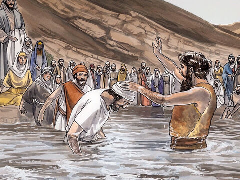 Então as pessoas de Jerusalém, bem como de toda a Judéia e de toda a região ao redor do Jordão, iam até ele, e ele os batizava no rio Jordão enquanto confessavam seus pecados. – Slide número 5