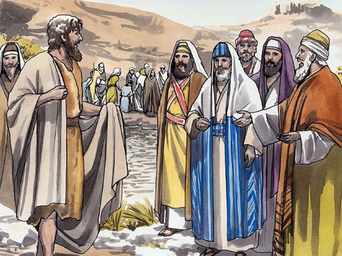 E, vendo ele muitos dos fariseus e dos saduceus, vinham ao seu batismo, dizia-lhes: "Raça de víboras, quem vos ensinou a fugir da ira futura?" – Slide número 6