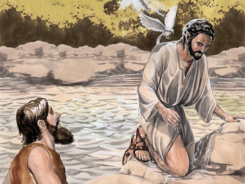 E, sendo Jesus batizado, saiu logo da água, e eis que se Lhe abriram os céus, e viu o Espírito de Deus descendo como pomba e vindo sobre Ele. – Slide número 5