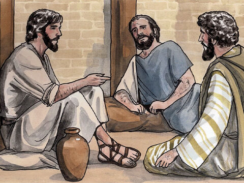 Jesus respondeu-lhes: “Vinde e vede”. Então eles foram e viram onde Jesus estava hospedado, e ficaram com ele aquele dia. Eram quase quatro horas da tarde. – Slide número 3