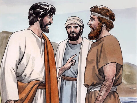 André levou Simão a Jesus. Jesus olhou para ele e disse: “Tu és Simão, o filho de João; tu serás chamado Cefas” (que quer dizer ‘Pedro’). – Slide número 5