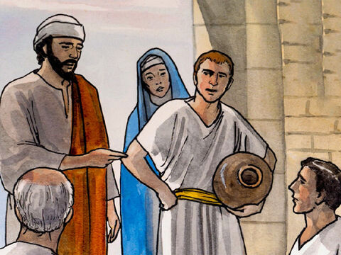 Havia lá seis jarras de água de pedra para a lavagem cerimonial dos judeus, cada uma contendo vinte ou trinta galões. Jesus disse aos serventes: "Encha as jarras com água." – Slide número 6