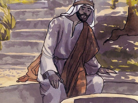 Ali estava o poço fonte de Jacó e Jesus, como estava cansado do caminho, sentou-se à beira do poço fonte. Era quase à hora sexta. (Por volta do meio dia.) – Slide número 4