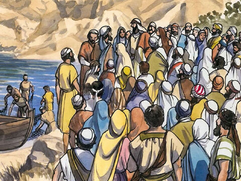Agora Jesus estava de pé junto ao lago da Galileia, e a multidão O cercava e apertava para ouvir a palavra de Deus. – Slide número 1