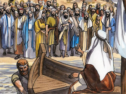 Jesus entrou em um dos barcos, que era de Simão, e pediu-lhe que se afastasse um pouco da margem. – Slide número 3