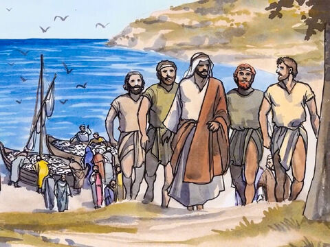 E, levando os barcos para a praia, deixaram tudo, e seguiram a Jesus. – Slide número 11