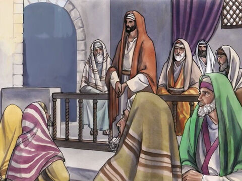 Em outro sábado, Jesus entrou na sinagoga e estava ensinando. – Slide número 1