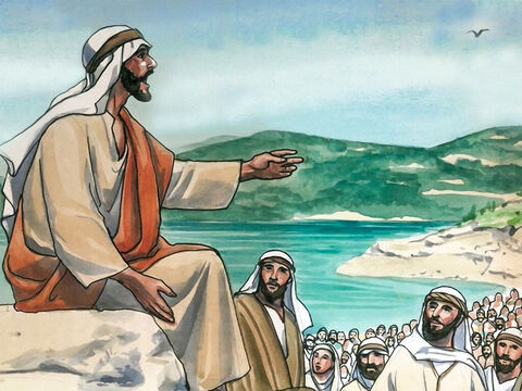 Jesus subiu ao monte para ensinar Seus discípulos. “Vocês ouviram o que foi dito” ‘não cometerás adultério’'', disse Jesus. – Slide número 1