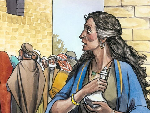 Ao saber que Jesus estava comendo na casa do fariseu, certa mulher daquela cidade, uma ‘pecadora’, trouxe um frasco de alabastro com perfume, – Slide número 2