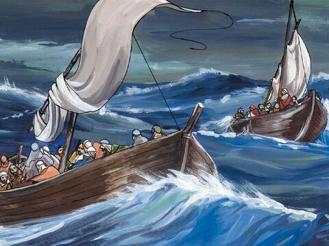 Entrando ele no barco, seus discípulos o seguiram. De repente, uma violenta tempestade abateu-se sobre o mar, – Slide número 2