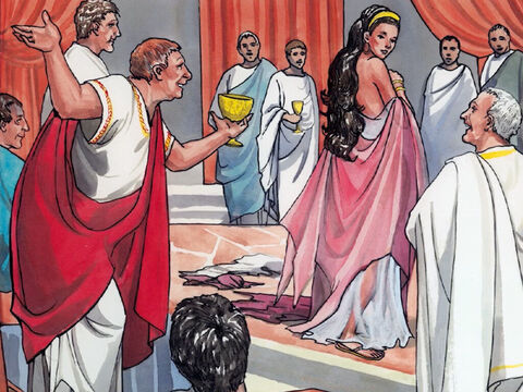 e agradou tanto a Herodes que ele prometeu sob juramento dar-lhe o que ela pedisse. – Slide número 7