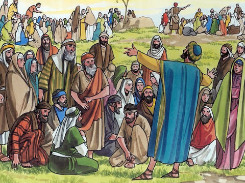 Disse Jesus: “Mandem o povo assentar-se”. Havia muita grama naquele lugar, e todos se assentaram. Eram cerca de cinco mil homens. – Slide número 6