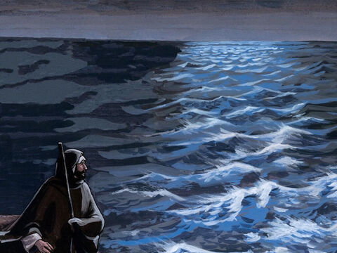 Ao anoitecer, ele estava ali sozinho, mas o barco já estava a considerável distância da terra, fustigado pelas ondas, porque o vento soprava contra ele. – Slide número 3