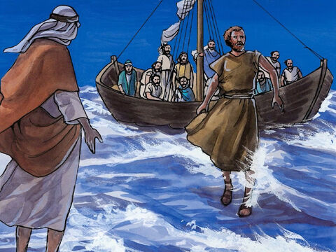 “Venha”, respondeu ele. Então Pedro saiu do barco, andou sobre as águas e foi na direção de Jesus. – Slide número 7