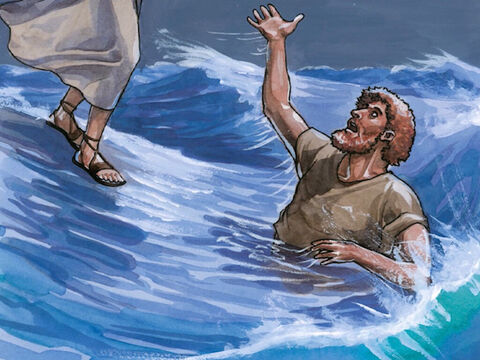 Mas, quando reparou no vento, ficou com medo e, começando a afundar, gritou: “Senhor, salva-me!” – Slide número 8