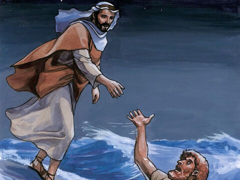 Imediatamente Jesus estendeu a mão e o segurou. E disse: “Homem de pequena fé, por que você duvidou?” – Slide número 9