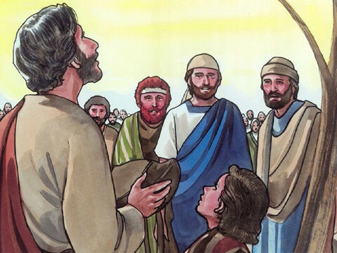 Depois de tomar os sete pães e dar graças, partiu-os e os entregou aos seus discípulos, para que os servissem à multidão; – Slide número 6