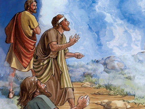 Quando estes iam se retirando, Pedro disse a Jesus: “Mestre, é bom estarmos aqui. Façamos três tendas: uma para ti, uma para Moisés e uma para Elias”. (Ele não sabia o que estava dizendo.) – Slide número 5