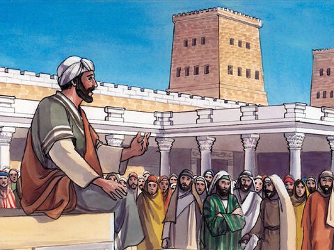 Ao amanhecer ele apareceu novamente no templo, onde todo o povo se reuniu ao seu redor, e ele se assentou para ensiná-lo. – Slide número 2