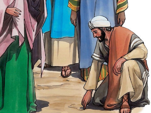 Mas Jesus inclinou-se e começou a escrever no chão com o dedo. – Slide número 6