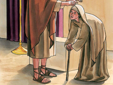 Ao vê-la, Jesus chamou-a à frente e lhe disse: “Mulher, você está livre da sua doença”. Então lhe impôs as mãos; – Slide número 3