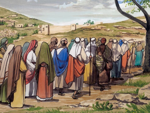 A caminho de Jerusalém, Jesus passou pela divisa entre Samaria e Galiléia. Ao entrar num povoado, dez leprosos dirigiram-se a ele. – Slide número 1