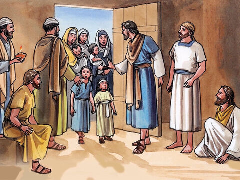 Mas quando os discípulos viram isso, eles começaram a repreender aqueles que traziam os pequeninos e os mandavam embora. – Slide número 2