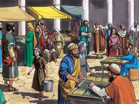 Chegando a Jerusalém, Jesus entrou no templo e ali começou a expulsar os que estavam comprando e vendendo. – Slide número 3