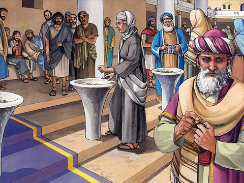 Jesus sentou-se em frente do lugar onde eram colocadas as contribuições, e observava a multidão colocando o dinheiro nas caixas de ofertas. – Slide número 1