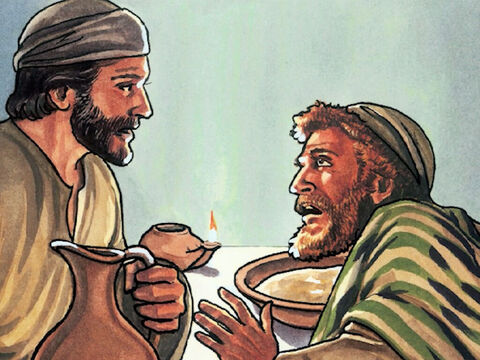 Respondeu Jesus: “Você não compreende agora o que estou lhe fazendo; mais tarde, porém, entenderá”.<br/>Disse Pedro: “Não; nunca lavarás os meus pés!”.<br/>Jesus respondeu: “Se eu não os lavar, você não terá parte comigo”. – Slide número 8