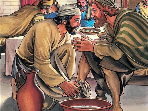 Respondeu Simão Pedro: “Então, Senhor, não apenas os meus pés, mas também as minhas mãos e a minha cabeça!” Respondeu Jesus: “Quem já se banhou precisa apenas lavar os pés; todo o seu corpo está limpo. – Slide número 9