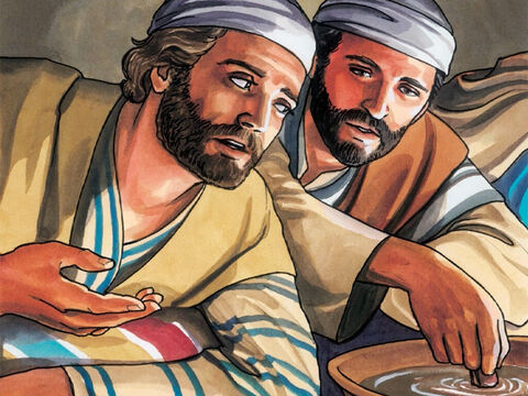 Inclinando-se esse discípulo para Jesus, perguntou-lhe: “Senhor, quem é?” Respondeu Jesus: “Aquele a quem eu der este pedaço de pão molhado no prato”. – Slide número 4