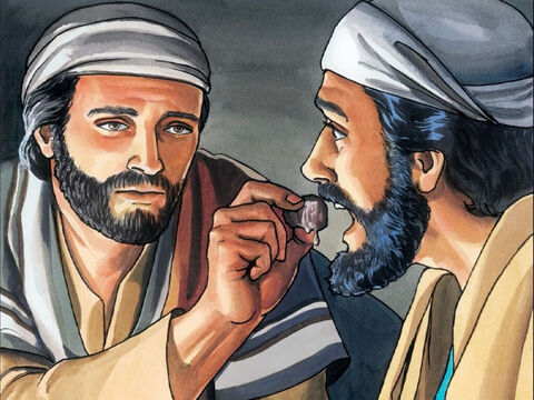 Então, molhando o pedaço de pão, deu-o a Judas Iscariotes, filho de Simão. – Slide número 5
