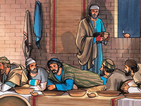 Mas ninguém à mesa entendeu por que Jesus lhe disse isso.  Visto que Judas era o encarregado do dinheiro, alguns pensaram que Jesus estava lhe dizendo que comprasse o necessário para a festa, ou que desse algo aos pobres. – Slide número 7