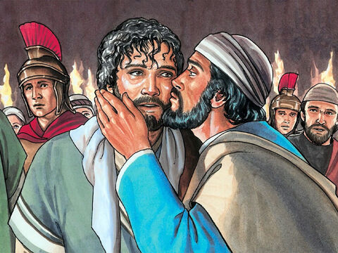 Este se aproximou de Jesus para saudá-lo com um beijo. Mas Jesus lhe perguntou: “Judas, com um beijo você está traindo o Filho do homem?” – Slide número 12