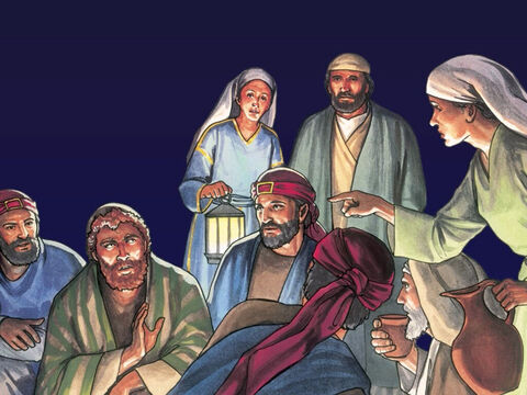 Pedro estava agora sentado do lado de fora no pátio, uma criada veio até ele e disse: "Você também estava com Jesus - o Galileu." Mas ele negou na frente de todos ali: "Eu não sei do que você está falando." – Slide número 1